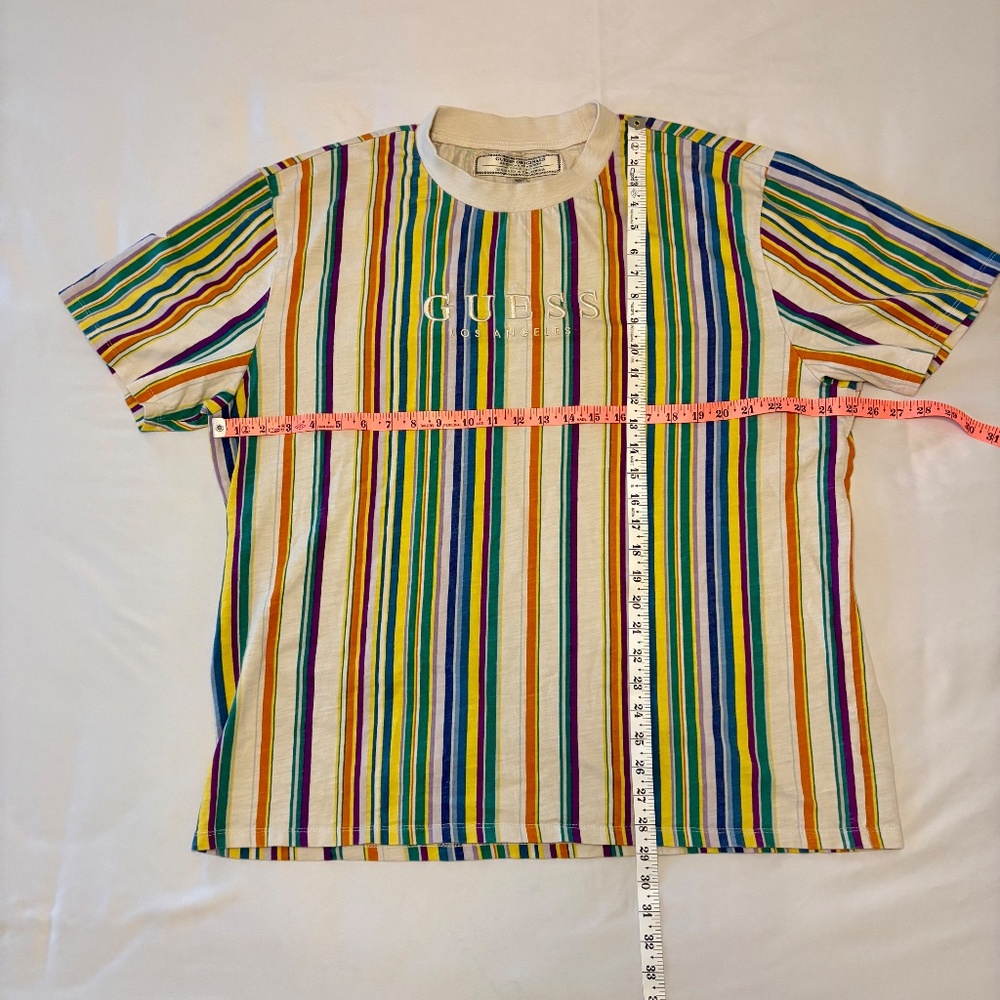 Guess Multi Colored Striped Crew Neck T Shirt Embroidered Size XL - Picture 2 of 7